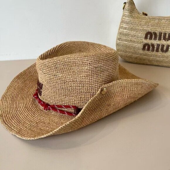 Women Red Accent Miu Miu Hat | Woven Raffia Summer Essential Straw Hat - Picture 7 of 8